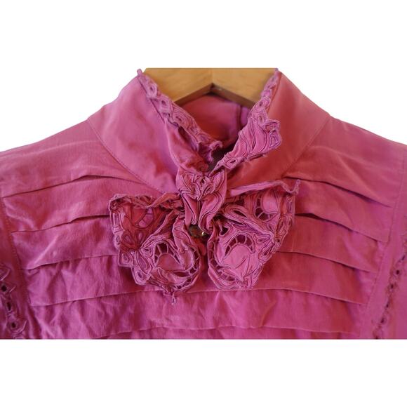 Vintage 80s Shirt Womens 6 Pink Silk Eyelet Bow Coquette Romantic Girly Top - Picture 3 of 12
